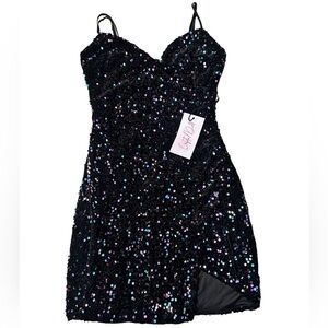 Crystal Doll Black Sequin Bodycon Mini Dress Slit | S | Party Cocktail | Dance